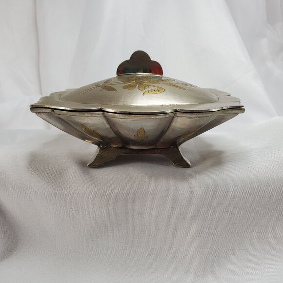 Vintage Silver Tone Brass Inlay Jewelry Trinket Box Floral Design Made in India - Picture 6 of 16
